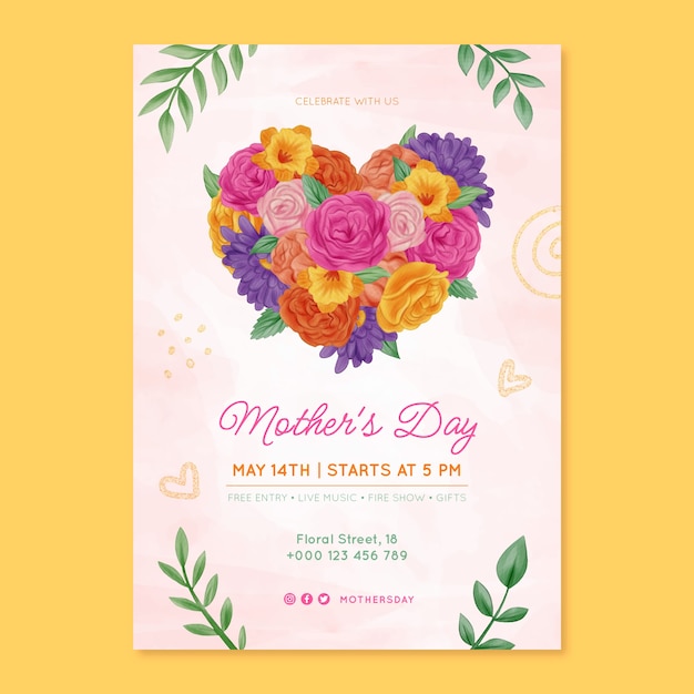 Vector gratuito plantilla de póster vertical de acuarela para la celebración del día de la madre