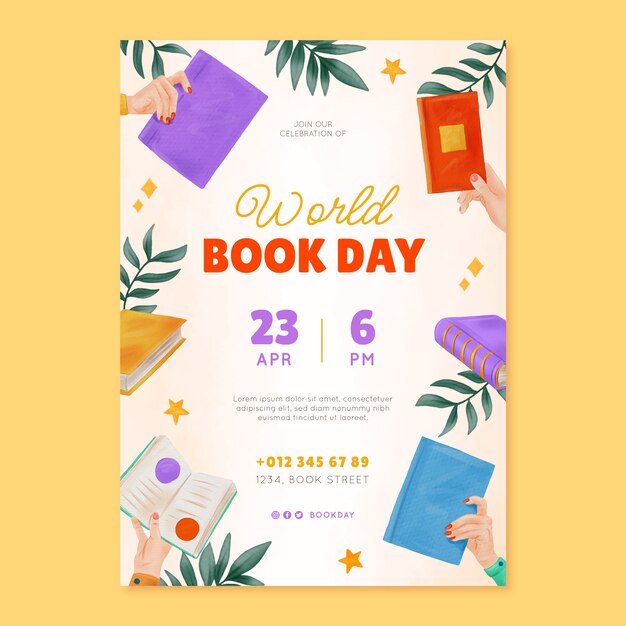 Plantilla de póster vertical de acuarela para la celebración del día mundial del libro