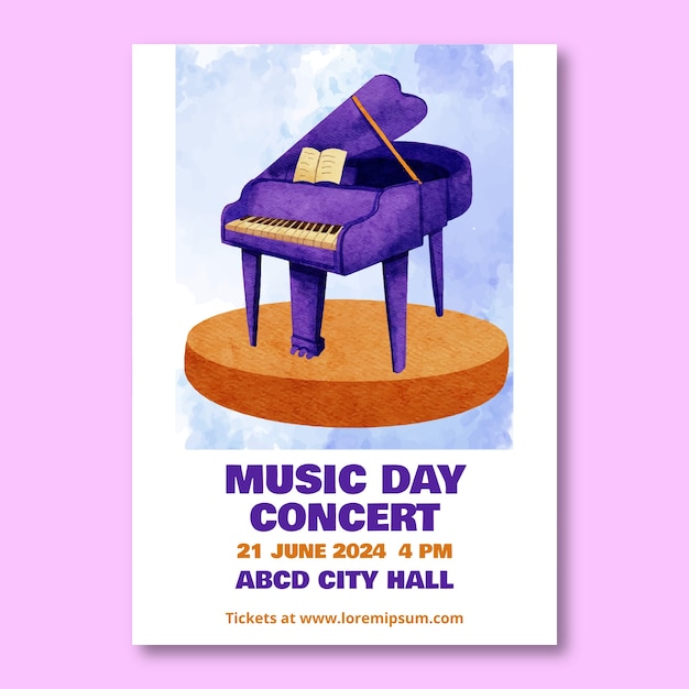 Vector gratuito plantilla de póster vertical de acuarela para la celebración del día mundial de la música