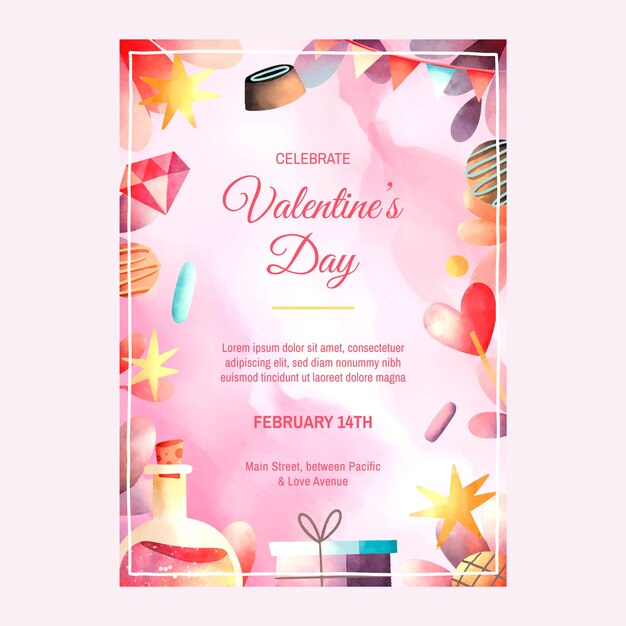 plantilla de póster vertical de acuarela para la celebración del día de San Valentín