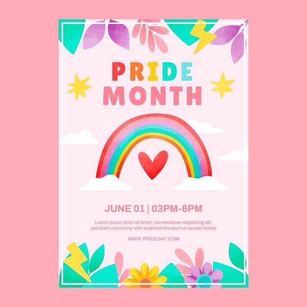 Plantilla de póster vertical de acuarela para la celebración del mes del orgullo