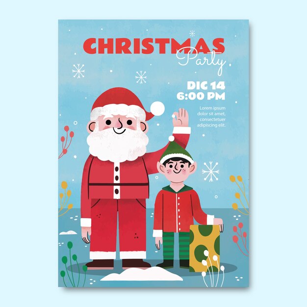 Plantilla de póster vertical en acuarela para la celebración de la temporada navideña con santa y elfo