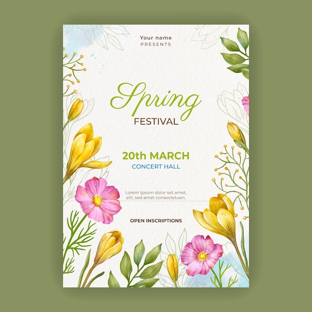 Vector gratuito plantilla de póster vertical de acuarela para la celebración de la temporada de primavera