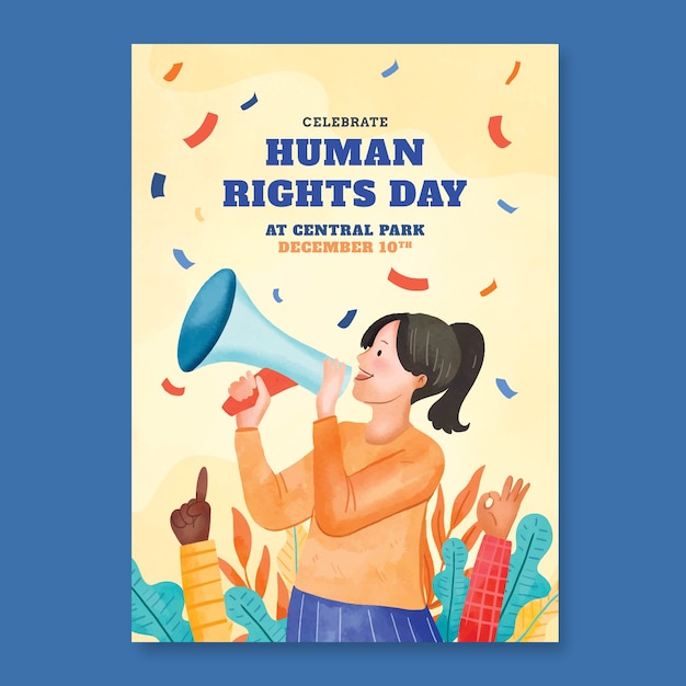 Plantilla de póster vertical en acuarela para el día de los derechos humanos