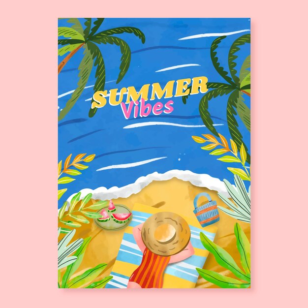 Plantilla de póster vertical de acuarela para la temporada de verano
