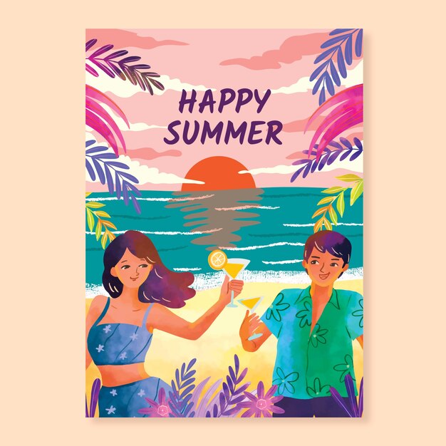 Plantilla de póster vertical de acuarela para la temporada de verano