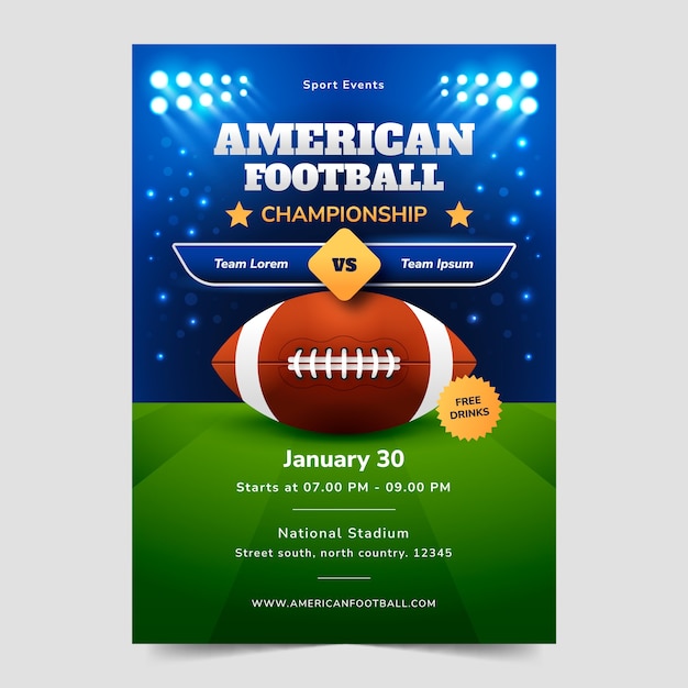Vector gratuito plantilla de póster vertical del campeonato de fútbol americano con gradiente