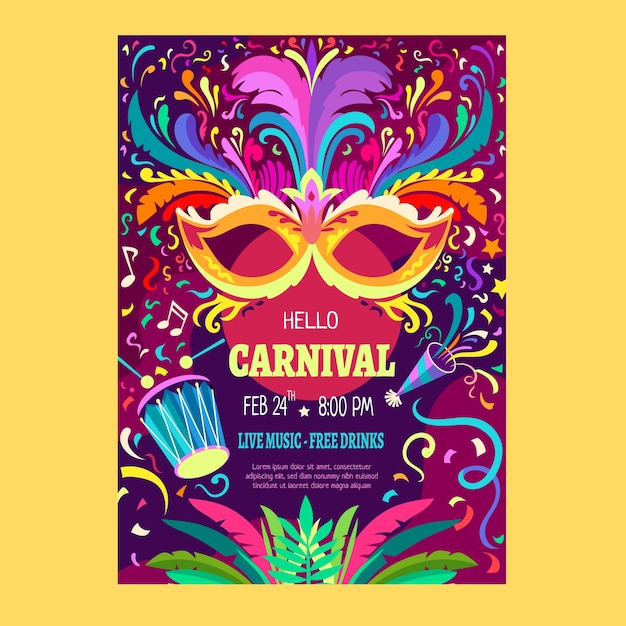 Vector gratuito plantilla de póster vertical de carnaval plano