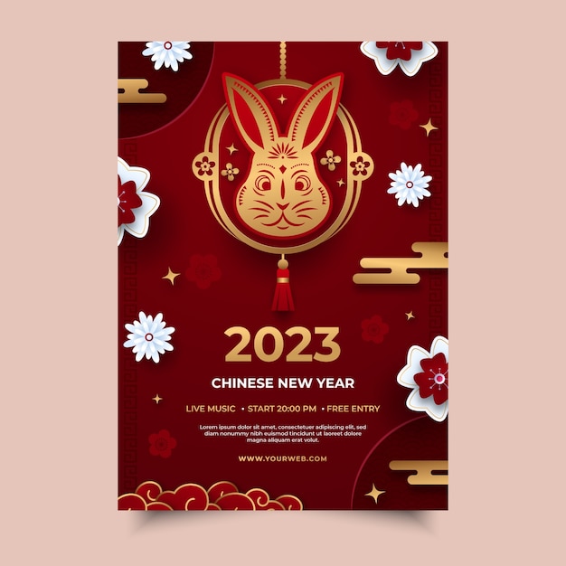 Plantilla de póster vertical de celebración de año nuevo chino de estilo de papel