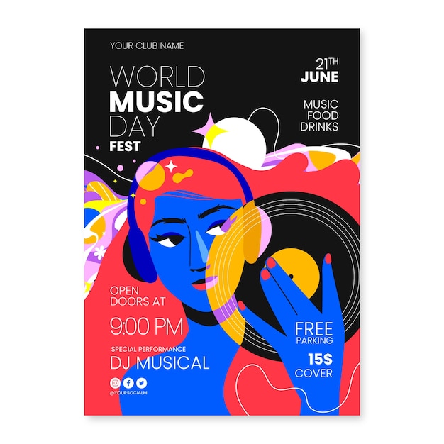 Vector gratuito plantilla de póster vertical para la celebración del día mundial de la música