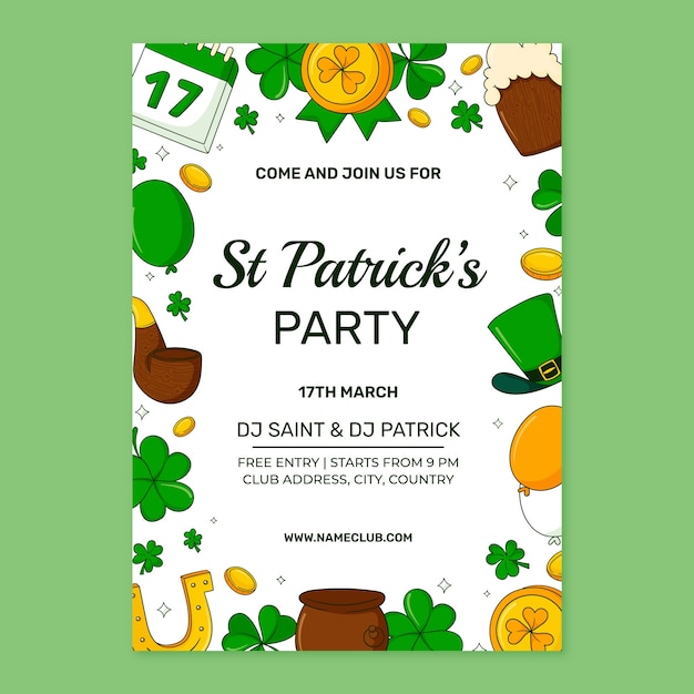 Vector gratuito plantilla de póster vertical de celebración del día de san patricio dibujado a mano