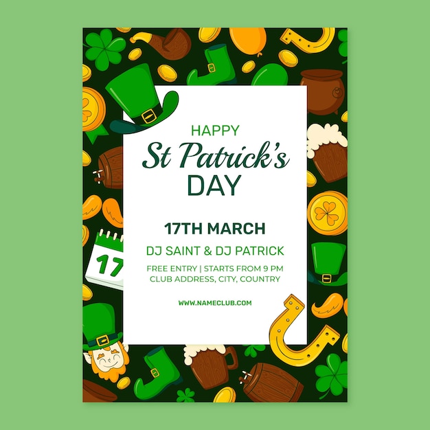 Vector gratuito plantilla de póster vertical de celebración del día de san patricio dibujado a mano