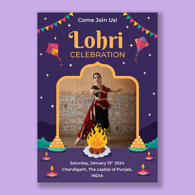 Vector gratuito plantilla de póster vertical para la celebración del festival de lohri