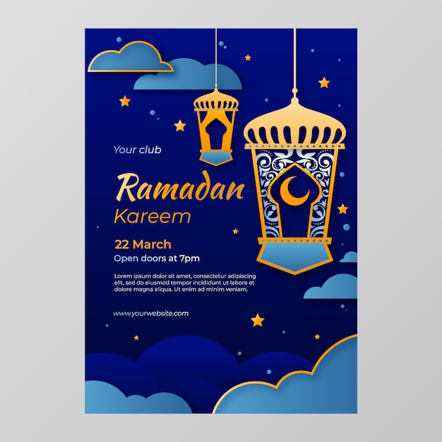 Plantilla de póster vertical de celebración de ramadán de estilo de papel