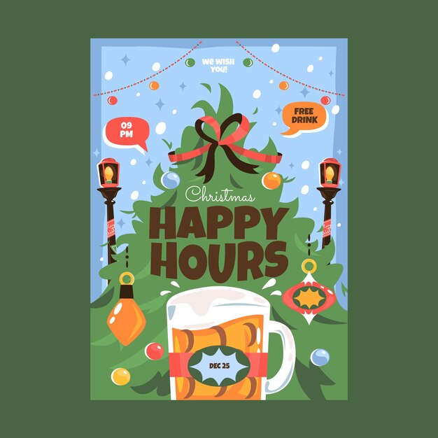 Plantilla de póster vertical de cerveza navideña plana