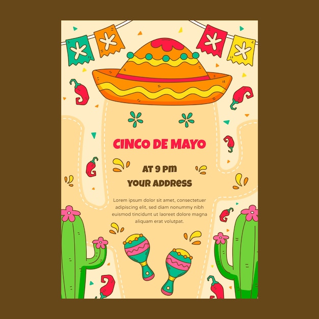 Plantilla de póster vertical de cinco de mayo dibujado a mano