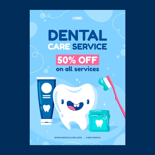 Vector gratuito plantilla de póster vertical de clínica dental plana