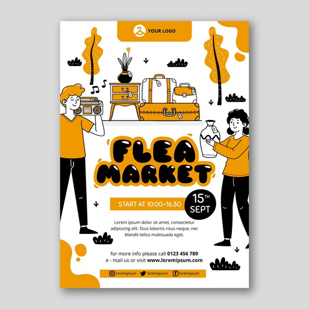 Plantilla de póster vertical de compras de mercado de pulgas dibujado a mano