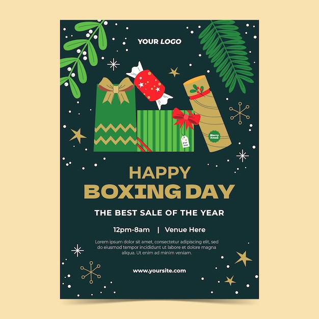Plantilla de póster vertical de compras y venta de boxing day plano
