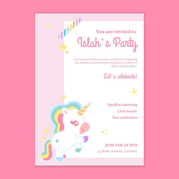 Plantilla de póster vertical de cumpleaños infantil unicornio
