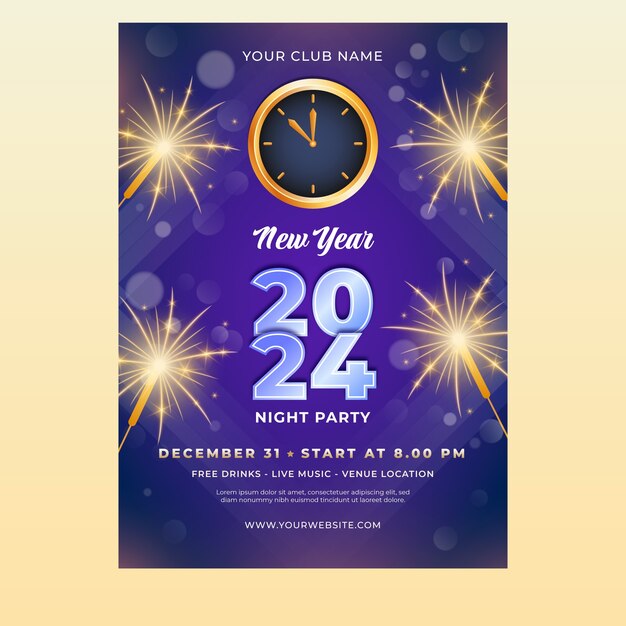 Plantilla de póster vertical degradado para el año nuevo 2024 con bengalas y reloj