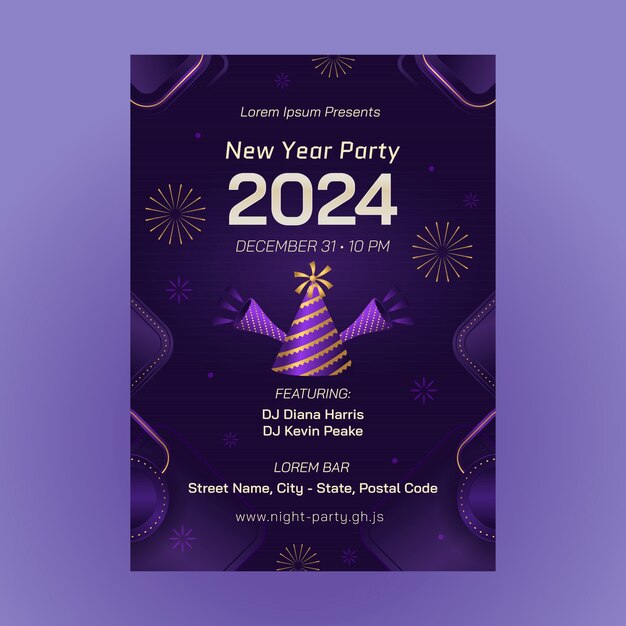 Plantilla de póster vertical degradado para el año nuevo 2024 con conos y fuegos artificiales
