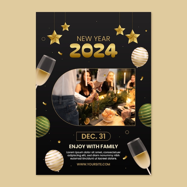 Plantilla de póster vertical degradado para el año nuevo 2024 con globos y copas de champán