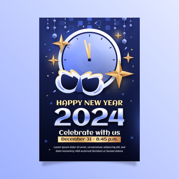 Plantilla de póster vertical degradado para el año nuevo 2024 con reloj y estrellas