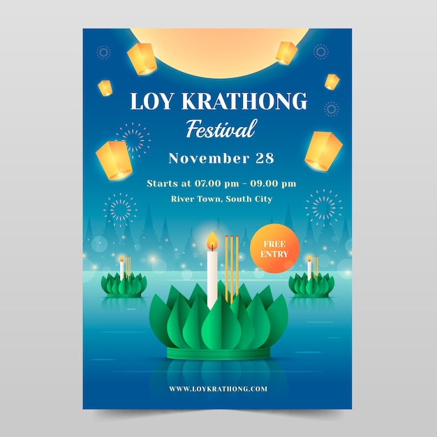 Vector gratuito plantilla de póster vertical degradado para la celebración del festival tailandés loy krathong