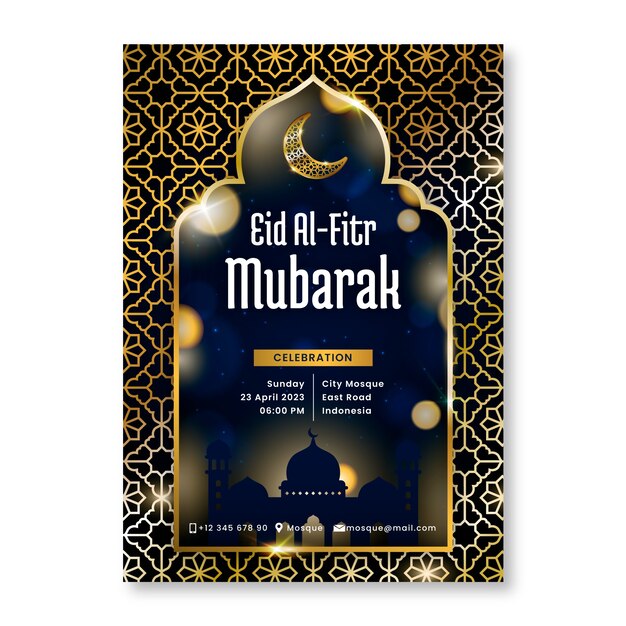 Plantilla de póster vertical degradado para la celebración islámica de eid al-fitr