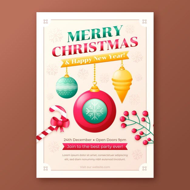 Plantilla de póster vertical degradado para la celebración de la temporada navideña con adornos y acebo