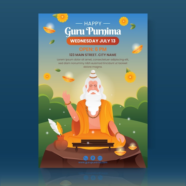 Vector gratuito plantilla de póster vertical degradado guru purnima con monje mayor