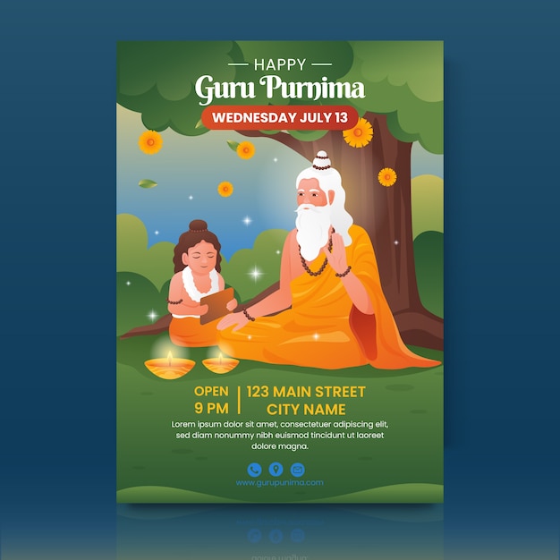 Plantilla de póster vertical degradado guru purnima con monje mayor