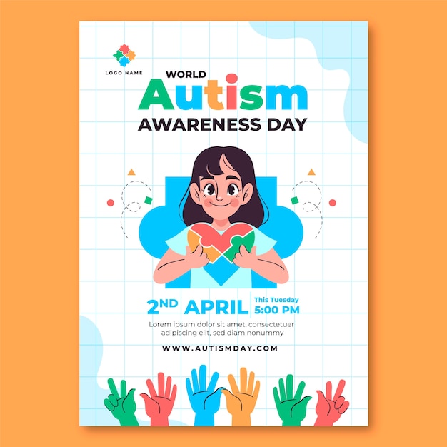 Vector gratuito plantilla de póster vertical del día de concienciación sobre el autismo en el mundo plano