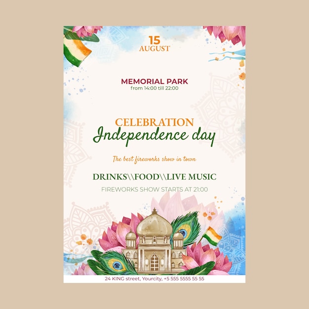Plantilla de póster vertical del día de la independencia de la india en acuarela