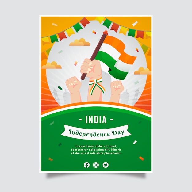 Vector gratuito plantilla de póster vertical del día de la independencia de india degradado con manos sosteniendo la bandera