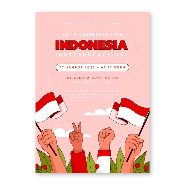 Vector gratuito plantilla de póster vertical del día de la independencia de indonesia dibujado a mano