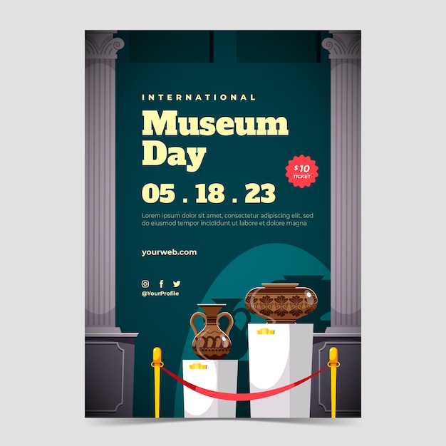 Plantilla de póster vertical del día internacional del museo plano