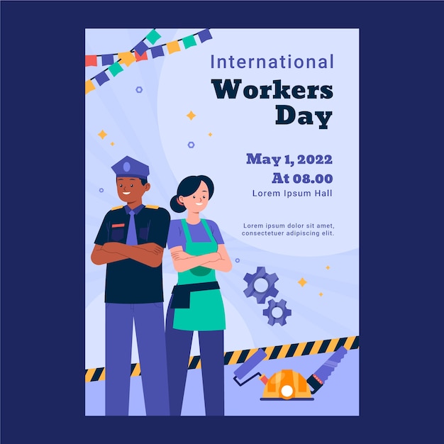 Plantilla de póster vertical del día internacional del trabajador plano