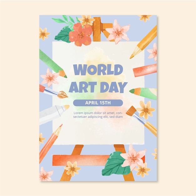 Vector gratuito plantilla de póster vertical del día mundial del arte en acuarela