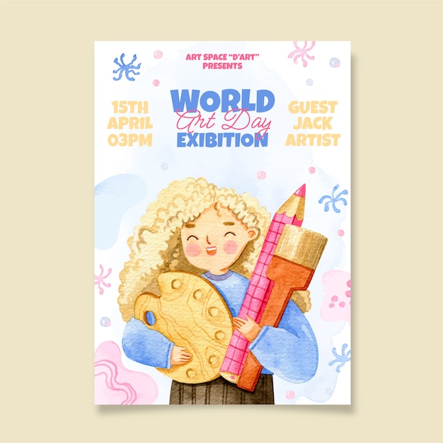 Vector gratuito plantilla de póster vertical del día mundial del arte en acuarela