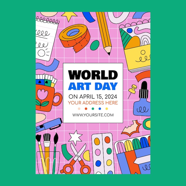 Vector gratuito plantilla de póster vertical del día mundial del arte plano