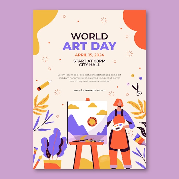 Vector gratuito plantilla de póster vertical del día mundial del arte plano