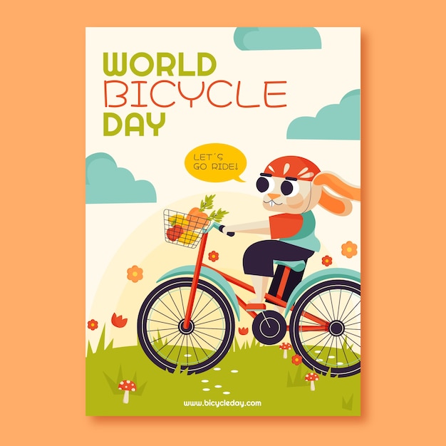 Plantilla de póster vertical del día mundial de la bicicleta plana