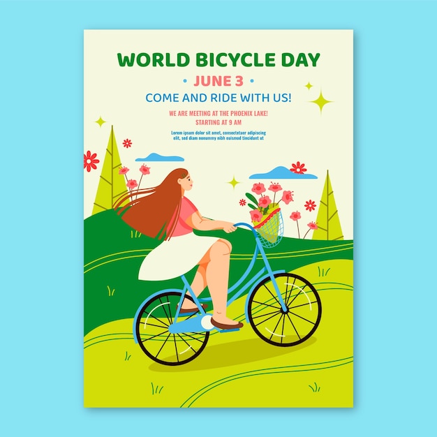 Vector gratuito plantilla de póster vertical del día mundial de la bicicleta plana