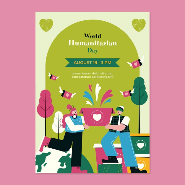 Plantilla de póster vertical del día mundial humanitario plano