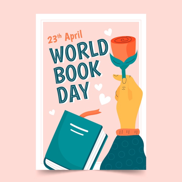 Plantilla de póster vertical del día mundial del libro dibujado a mano