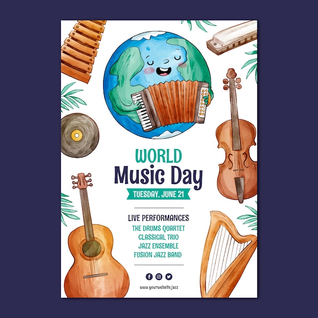 Vector gratuito plantilla de póster vertical del día mundial de la música en acuarela