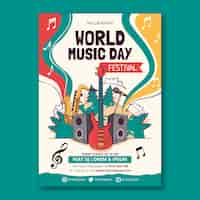 Vector gratuito plantilla de póster vertical del día mundial de la música dibujado a mano