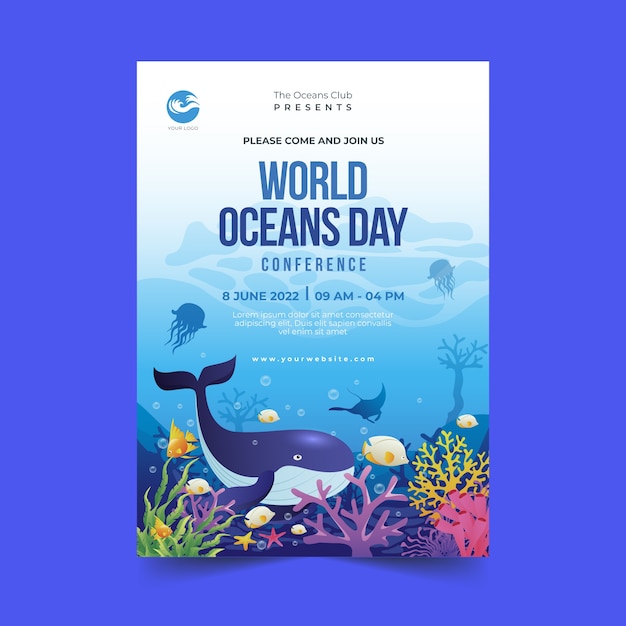 Vector gratuito plantilla de póster vertical del día mundial de los océanos con degradado